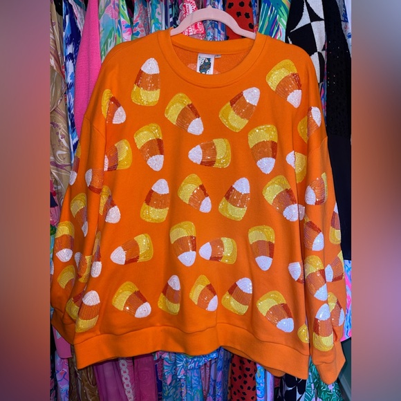 QUEEN OF SPARKLES Tops - Queen of sparkles Halloween candy corn sequin sweatshirt